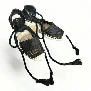Christian Dior Granville Espadrille Wedge Black Women's 5 Textile Tie 36